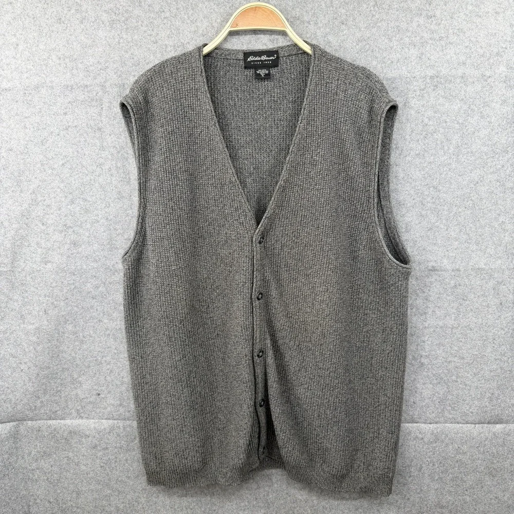 Vintage 90s Eddie Bauer Men's XLT Gray Chunky Ribbed Knit Cardigan Sweater Vest